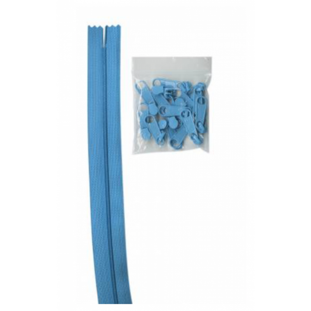 Parrot Blue 4 yards of 16mm #4.5 zipper chain and 16 Extra-Large Coordinated Pulls