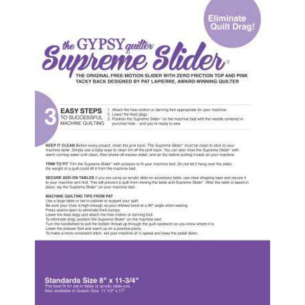 Supreme Slider 8in x 11-3/4in Free Motion Slider with Pink Tacky Back