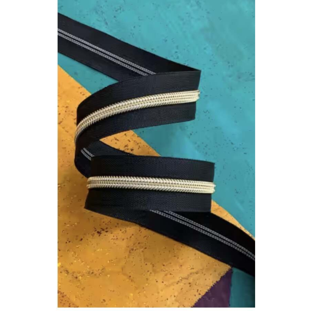 Black Zipper Tape with Gold Teeth