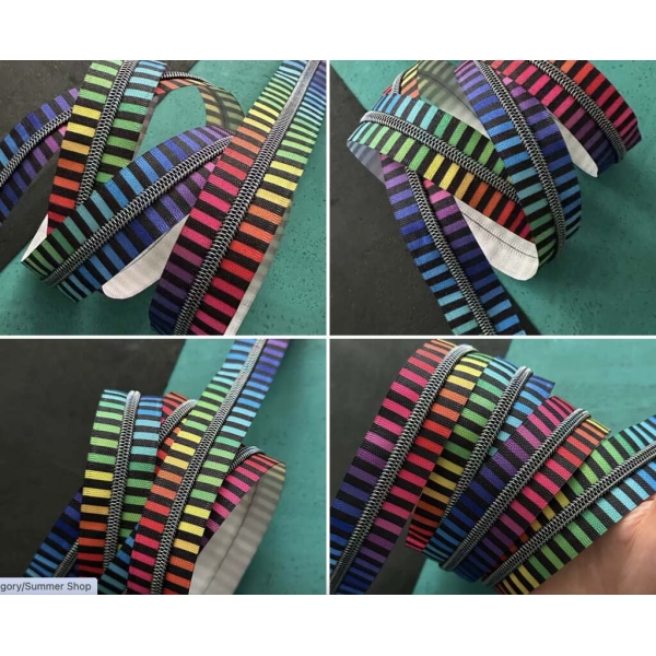 Wide Rainbow Stripe Zipper Tape with Iridescent Teeth