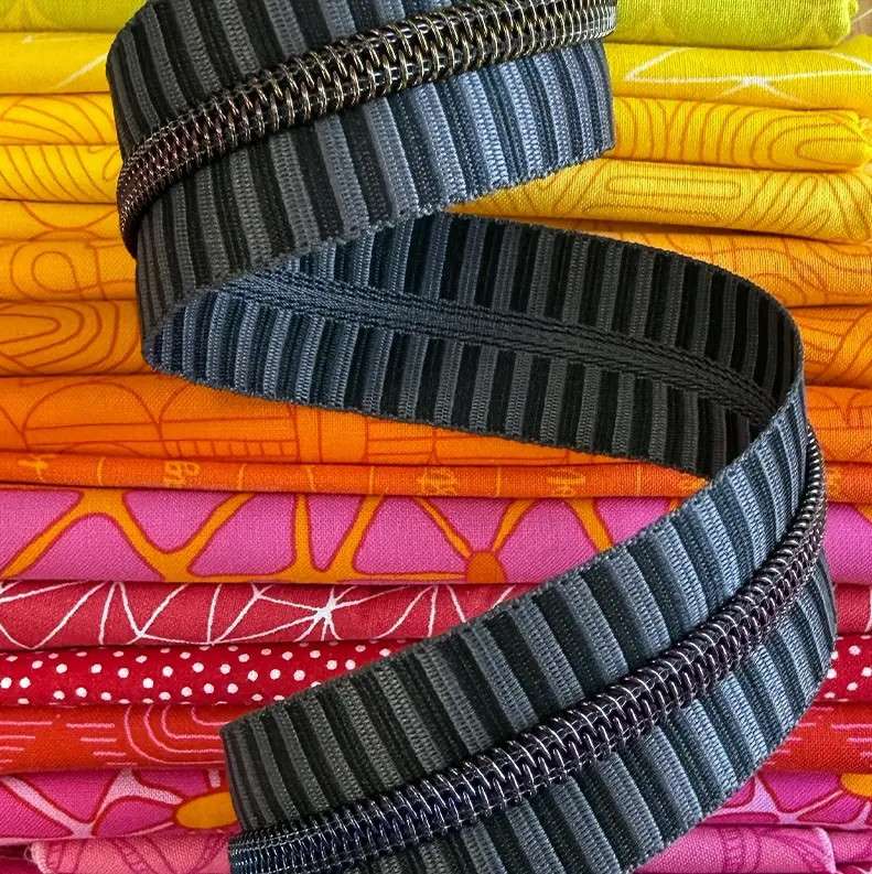 Wide Black & Grey Stripe Zipper Tape with Rainbow Teeth