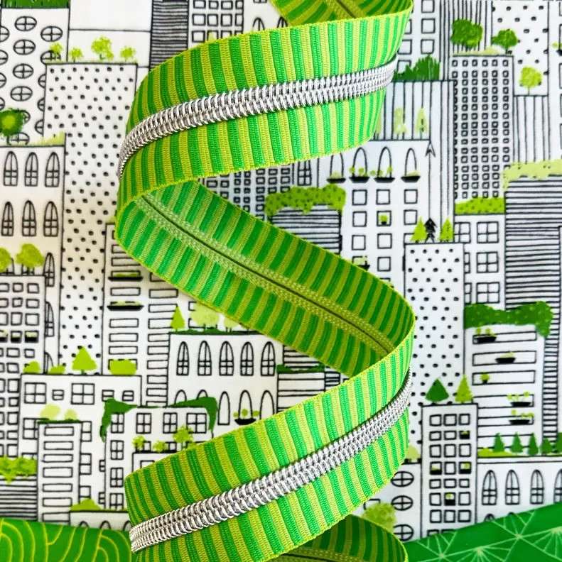 Wide Green Stripe Zipper Tape with Nickel Teeth