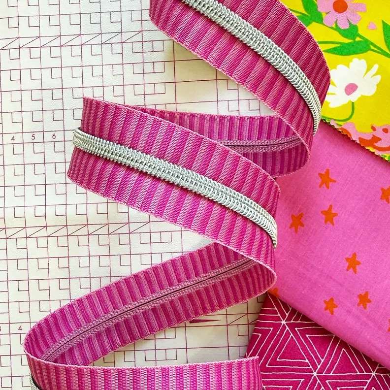 Wide Pink Stripe Zipper Tape with Nickel Teeth